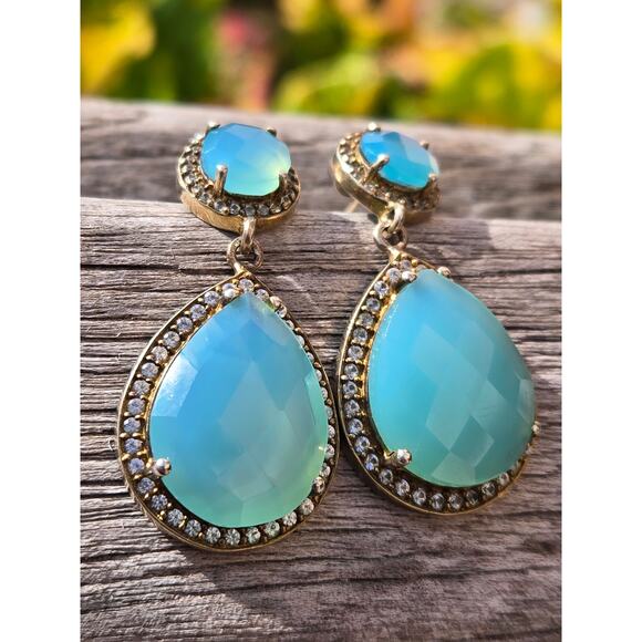 Vintage Pear Blue Chalcedony Fancy Cut, CZ in Sterling, Gold Plated Earrings - Picture 2 of 10